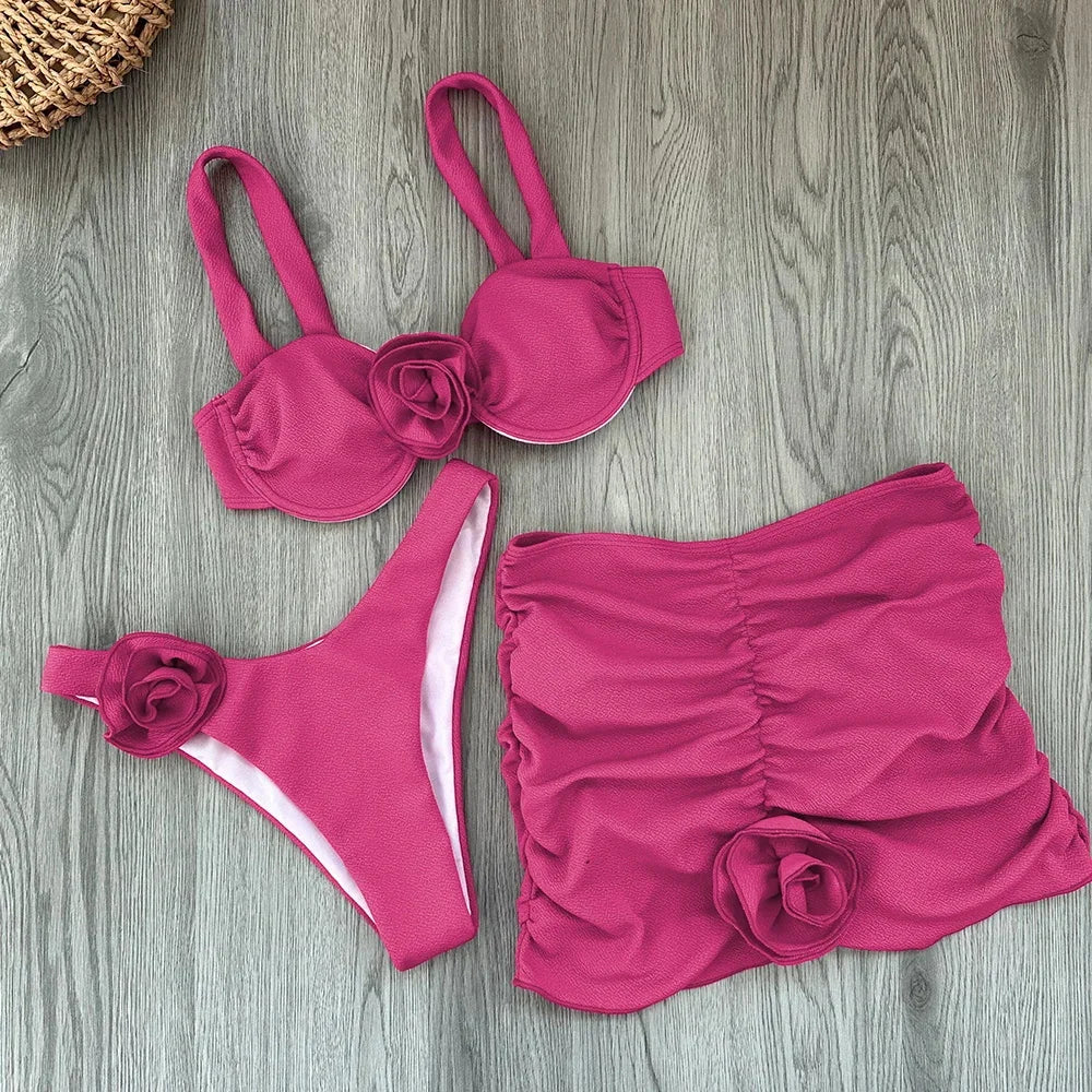 Sexy Floral Lace 3pieces Micro Bikini 2024 Women Swimsuit Female Swimwear Bikinis Set Brazilian Beach Wear Bathing Suit Biquini