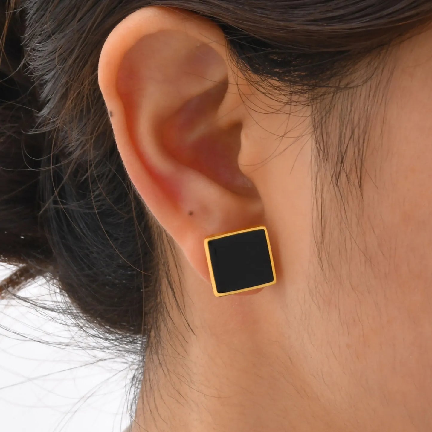 Stainless Steel Square Stud Earrings for Women,Water Proof Black Oil Earrings Gold Color,Fashion Jewelry Lady Gift
