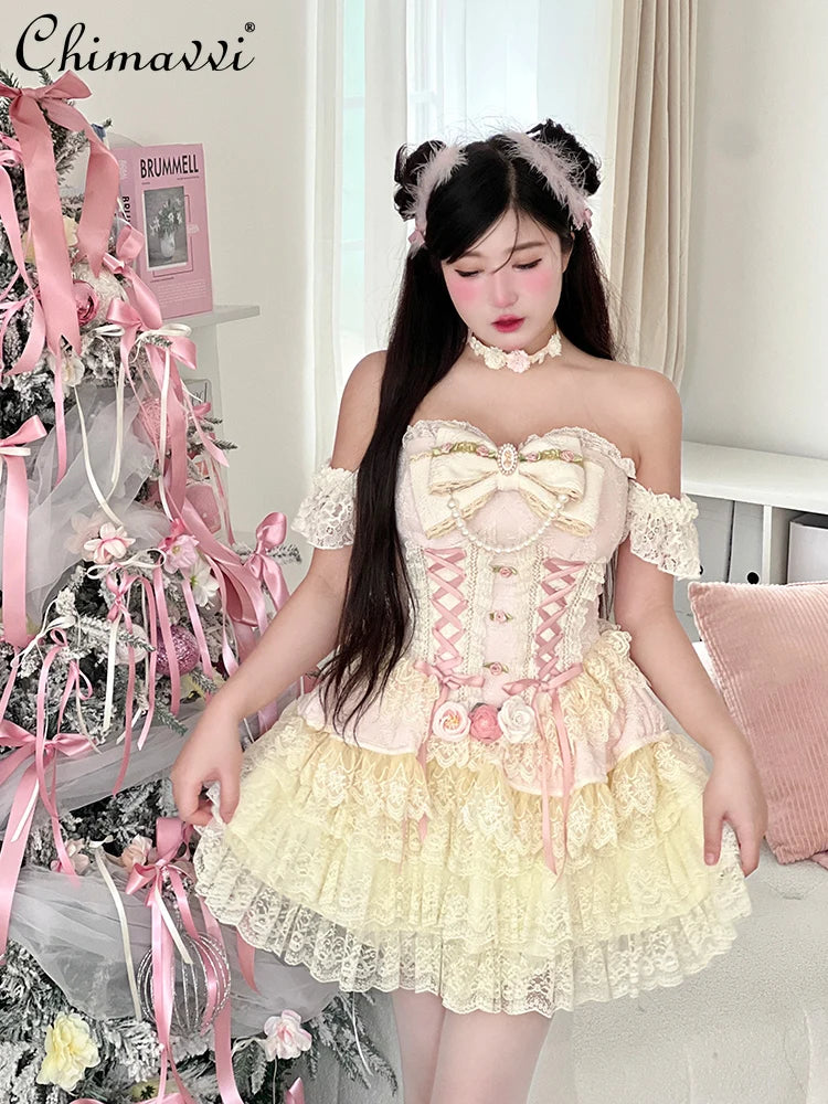 Original Romantic Atmosphere Cute Girls Skirt Sets 2025 Spring and Summer Sweet Lolita Tube Top Slim Top and Skirt 2-piece Set