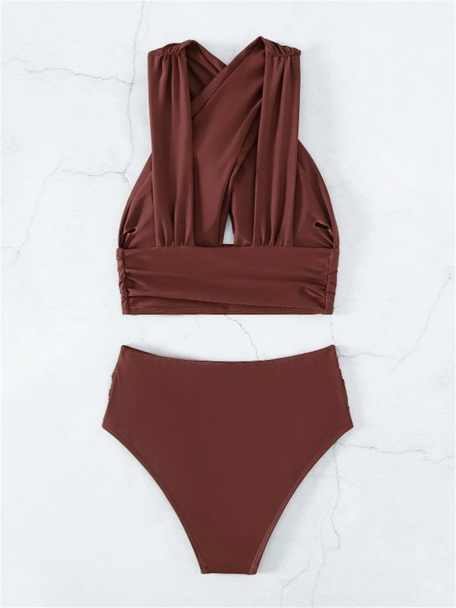 Sexy Black Blue Bikinis Sets Women Halter Cross Hollow Out Push Up High Waist Swimsuit 2025 Bathing Suit Two Piece Swimwear