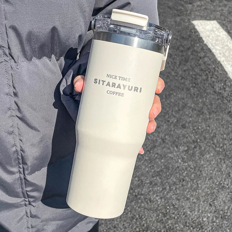 Large Capacity Insulation Cup, 30.43oz Drinking Coffee Water Cup With Straw, Simple Water Bottle