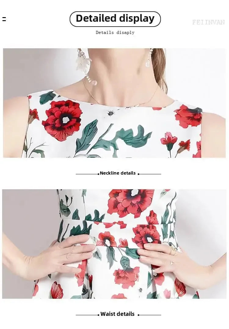 Summer New Long Floral Print Dress Big Hemline Slimming Fashionable Umbrella Skirt Style Sleeveless Women's Dress