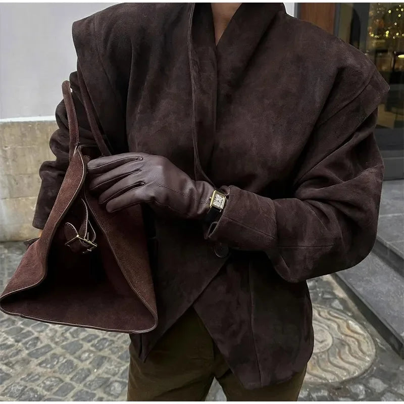 Dark Brown Suede One Button Blazer Women Long Sleeve Wide Shoulders Coat Autumn Highstreet Commute Fashion Solid Lady Outerwears
