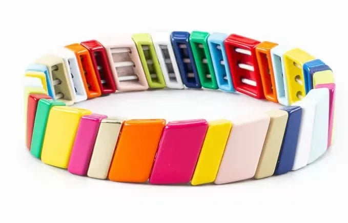 2022 New Fashion Enamel Rainbow Tile Hand Bracelet Colorful Enameled Elastic Bead Bracelet Jwelry for Women Accessories Suit