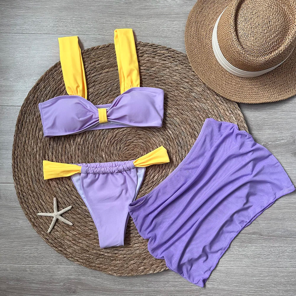 3 Pieces Bikini Set Wiht Mini Skirt Women Swimwear 2024 Sexy Bikinis Push Up Beachwear Solid Bodysuit Micro Thong Biquini Female