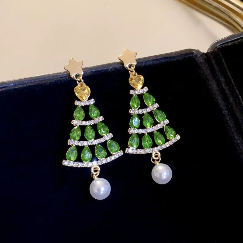 Green Christmas Tree Zircon Crystal Star Earrings Stud For Women Dangle Xmas Party Jewelry Party Gift