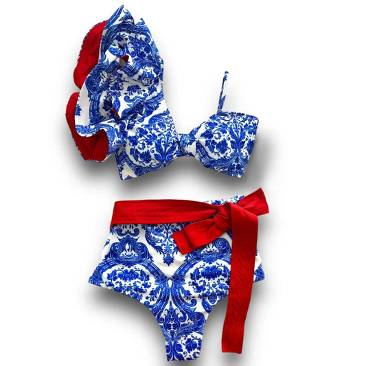 V Neck Swimwear One shoulder Bikinis with Belt Separate Swimsuit Front Wrap Swimming Suits Bathing Suit Summer Beachwear
