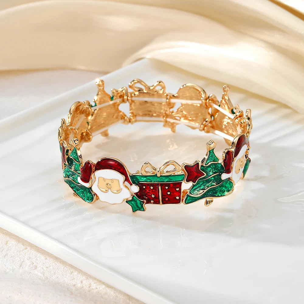 Christmas Gift Santa Claus Christmas Tree Necklace Cute Elastic Bracelet Stainless Steel Ear Pin Alloy Drop Glaze Earring Set