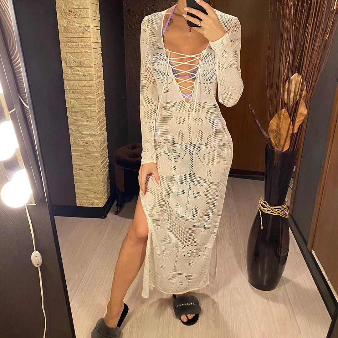 Deep V Dress Lace Up Long Sleeve Women Split Maxi Dress Crochet Knitted Tunic Mesh Sheer Sexy Bodycon Long Dress Vestido V4146B