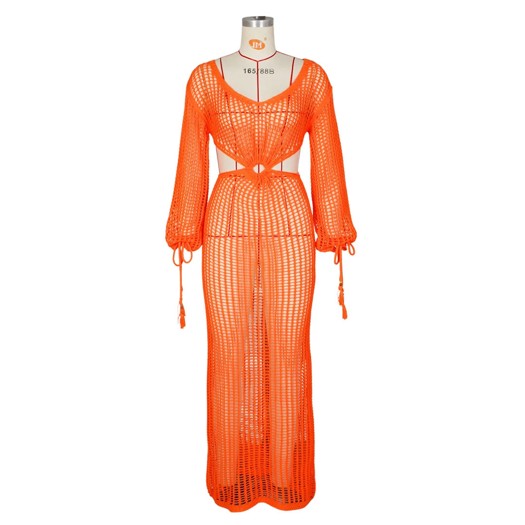 S - XL Long Sleeve Hollow Out Crochet Knitted Tunic Beach Cover Up Cover-ups Beach Dress Beach Wear Beachwear Female Women V5322