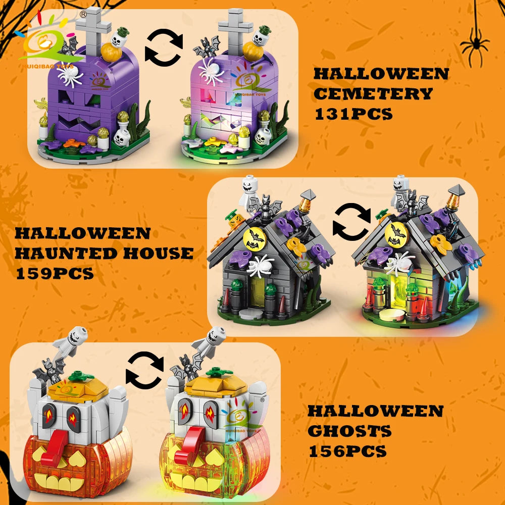 HUIQIBAO Halloween Wizard Cat Dog Ghosts Pumpkin Houses Model Building Block DIY Haunted House Bat Bricks Toys for Adult Gift
