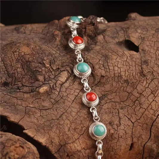 Creative retro ethnic style southern red tourmaline turquoise bangles silver 925 round bead charm bracelet for women jewelry