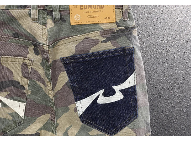 Streetwear Fashion Men Jeans High Quality Stretch Slim Fit Camo Trousers Embroidery Patch Designer Hip Hop Denim Pants Hombre