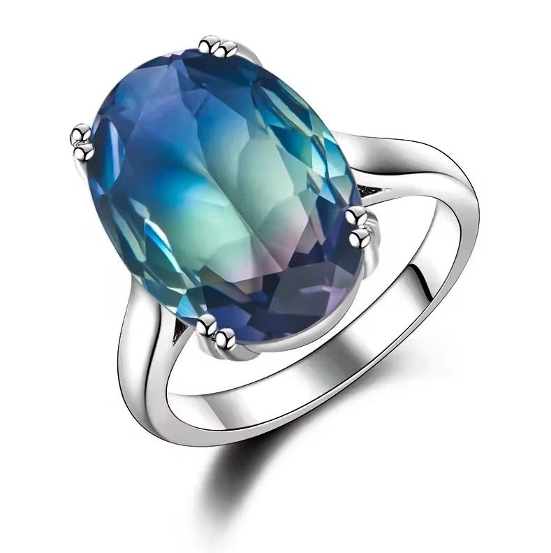 S925 Silver Fashion Large Oval AAAAA Zircon Rainbow Gemstone 13*18mm Multicolor Tourmaline For Woman Wedding Ring Bridal Jewelry