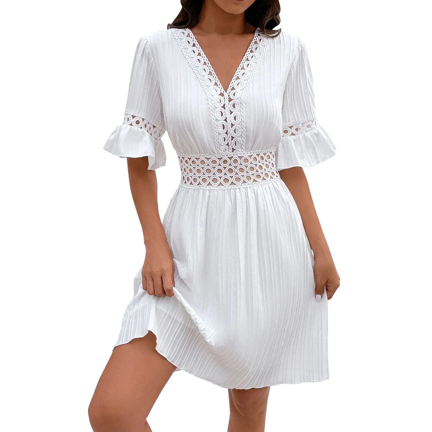 Women Sexy V Neck Flying sleeve Mini Dress Summer Hollow Embroidery Lace Patchwork Party Dress Casual Loose Beach A-Line Dress