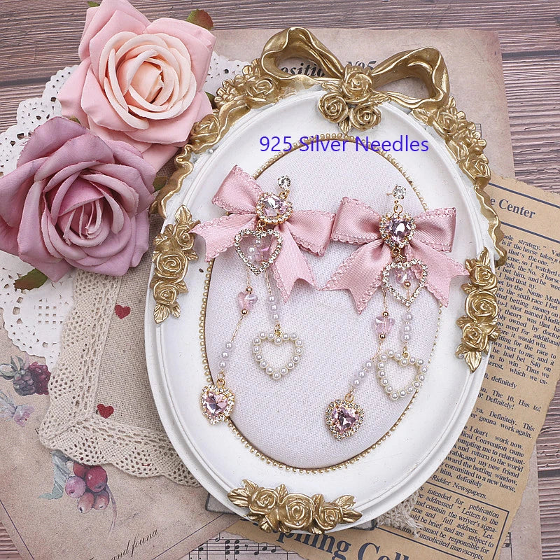 Cute Sweet Women's Bow Rhinestone Ear Clips Love Pendant Ornament Long Style Earrings S925 Needles Pearl Earrings for Y2K Girl