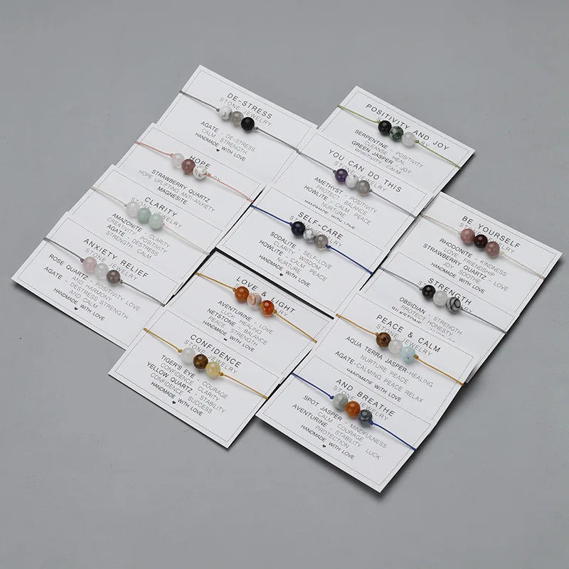 Natural Stone Crystal Round Bead Bracelet Handmade Braid Adjustable Paper Card Rope Chain Yoga Women Men Energy Healing Jewelry
