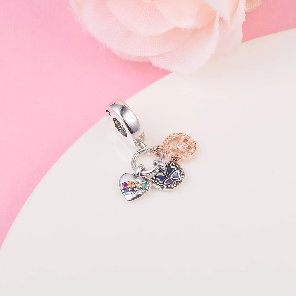 Rainbow Heart Butterfly & Peace Triple Beads for Jewelry Making Collier Sterling Silver Pendant S925 Bracelets Valentine's Day