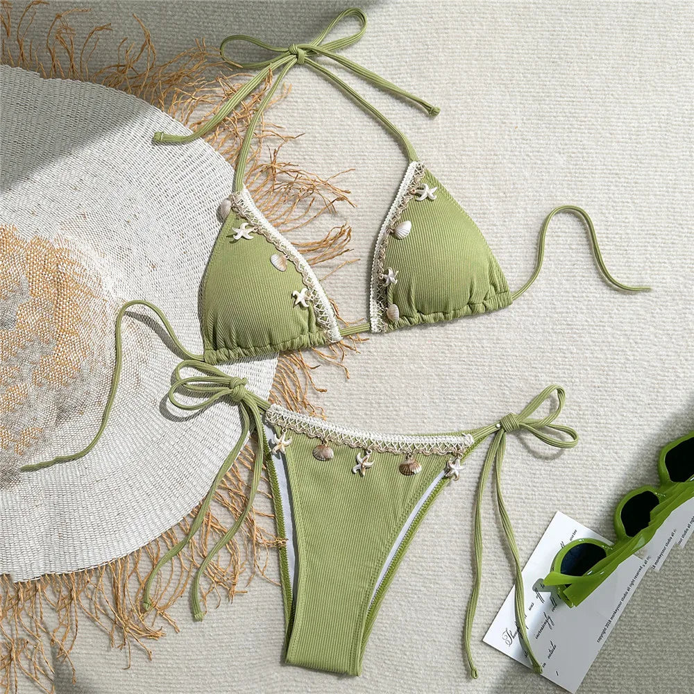 Shell Decoration Swimwear String Halter Bikinis Sets Micro Thong Sexy Swimsuit Women 2025 Bathing Suit Purple Triangle Bikini