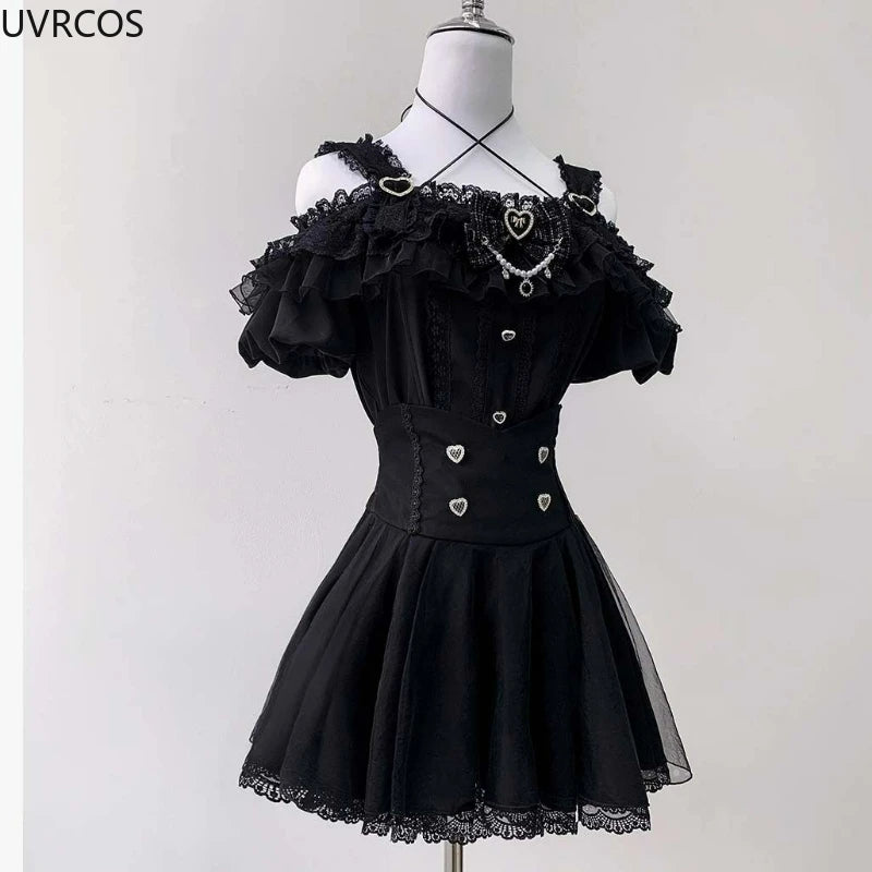 Japanese Gothic Y2k Lolita Style Skirt Sets Women Sweet Bow Off Shoulder Shirts Cute Mini Cake Skirts Korean Fashion Party Suit