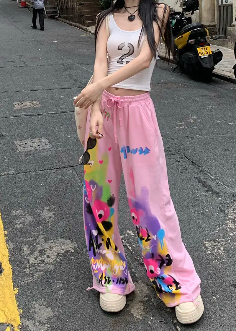 Kawaii Cute Dopamine Graffiti Casual Pants Women Tie Dye Summer Elastic High Waiste Drawstring Pockets Loose Wide Leg Trousers