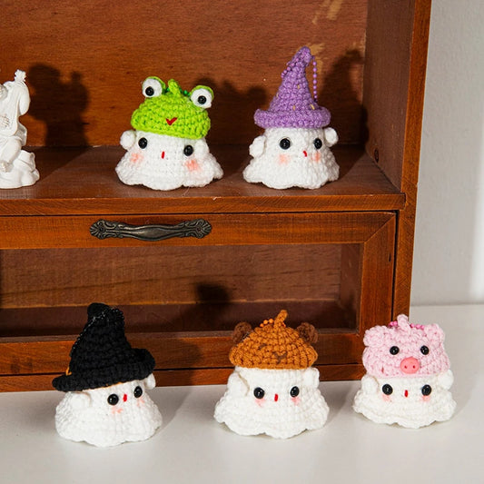 Kawaii Halloween Crochet Ghost Keychain Desktop Ornament Mini Handmade Knitted Keyring Accessories Bag Pendant Gifts Home Decor