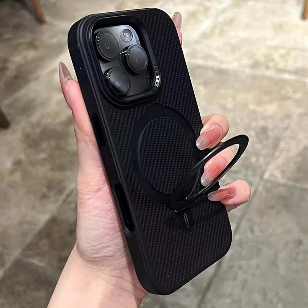 Desert Gold metal holder carbon fiber magnetic phone case for iPhone 17 16 15 14 13 Pro Max magsafe charging hard back cover