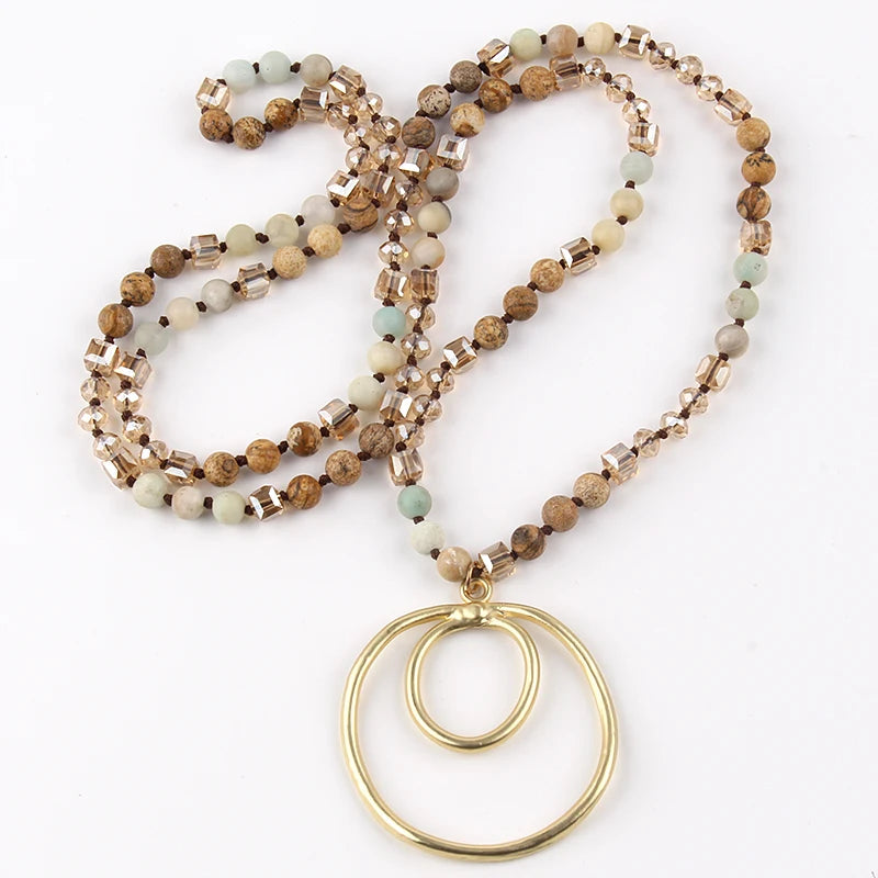 Fashion Bohemian Jewelry Accessory 6mm Stones/Crystal Knotted With Metal Round Pendant Necklaces Women Boho Gift