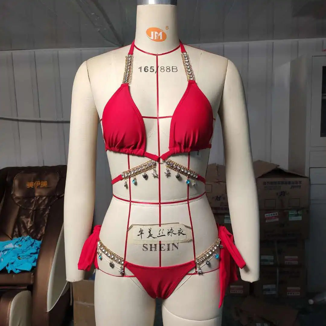 Rhinestone Bikini 2022 Women Solid Black Crystal Diamond Swimsuit Lady Luxury Metal Chain Bandage Bathing Suit Thong Swimwear