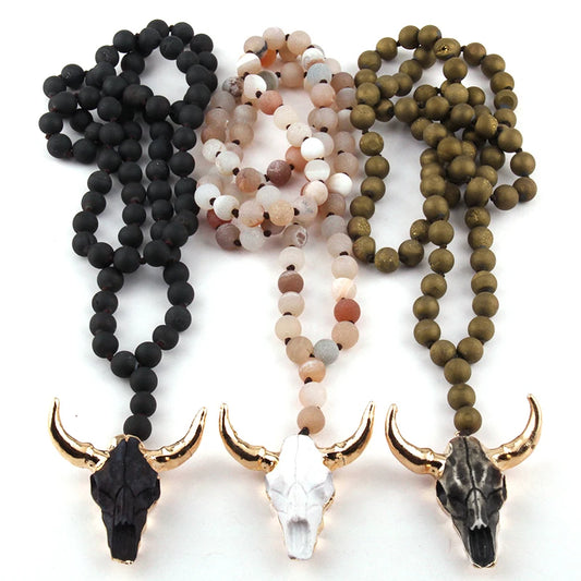 Fashion Bohemian Jewelry Natural open smile Druzy Bead Long Knotted 3 Color Horn Pendant Necklace For Women Ethnic Necklace