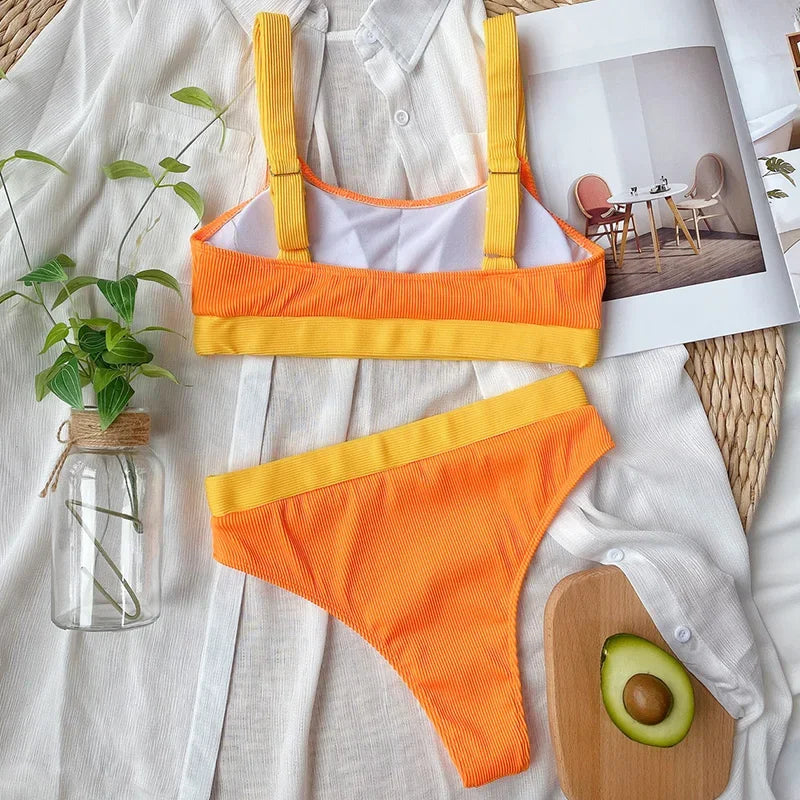 Sexy Splicing Ribbed Bikinis High Waist Bikini 2025 Female Swimsuit Women Swimwear Two-pieces Bikini Set Bathing Suit Swim Lady