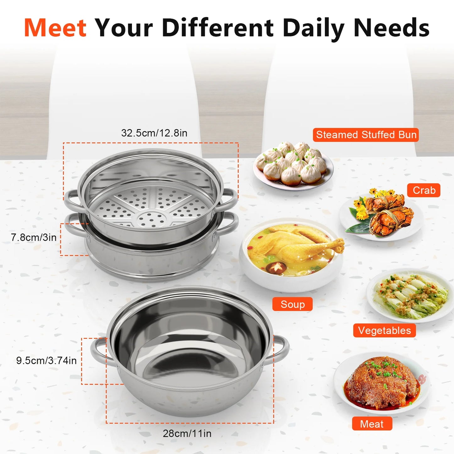3 Tiers Stainless Steel Steamer 28cm Overlapping Steaming Pot Cookware Kitchen Soup Steamer Cooker Set Silver with Glass Lid