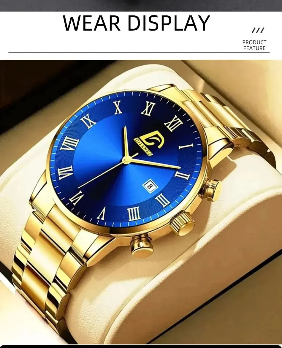 1Pcs Men's Casual Business Stainless Steel Band Quartz Watch 2PCS Luxury Alloy Bracelet Necklace Birthday Christmas Gift Set