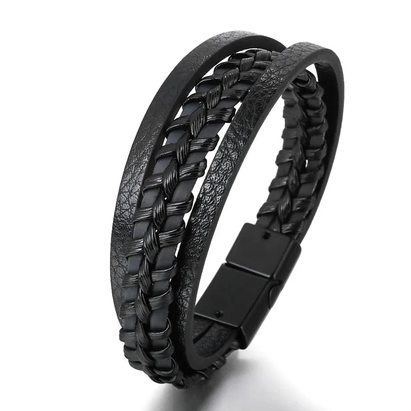Vintage Genuine Leather Bracelet for Men Handmade Woven Bracelet Magnetic Clasp Wrap Bracelet Homme Hand Jewelry Accessories New
