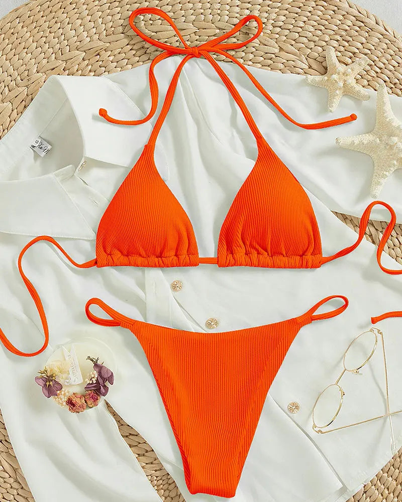 11 Colors Women Sexy Simple Solid Halter Bikini Swimsuit High Waisted Lace Up Beach Bathing Suit Special Pit Stripe Fabric 2024