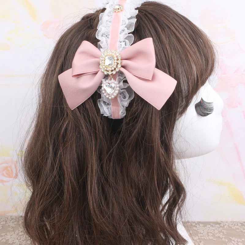 Sweet Hair Accessories Bow Head Band for Women Kawaii Lolita Diamond Bowknot Ruffles Hairbands Soft Girl Headwear