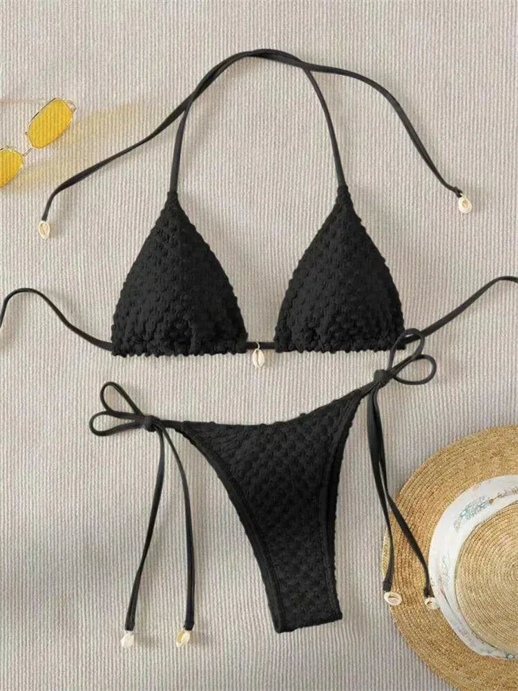 Sexy Bikini Set Shell Designer Swimsuit 2025 White Black Push Up Micro Bikinis Summer Bathing Suit Tie Side Triangle Swimwear