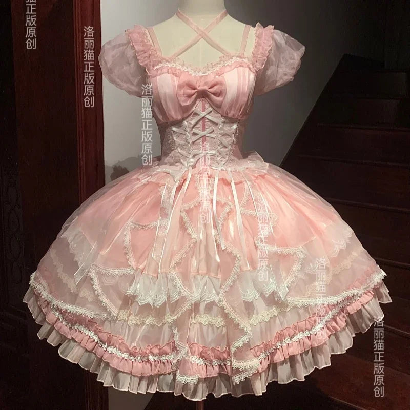 Lolita Sweet Girl Princess Dress Spring and Summer Off Shoulder Women's Short Sleeve Slim OP/JSK Short Ball Gown Dress