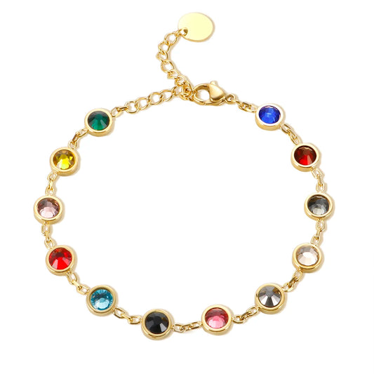 JINHUI Colorful Bejeweled Bangle Popularity TS Stainless Steel Bracelets for Women 12 Birthstones Rainbow Crystal Chain Jewelry