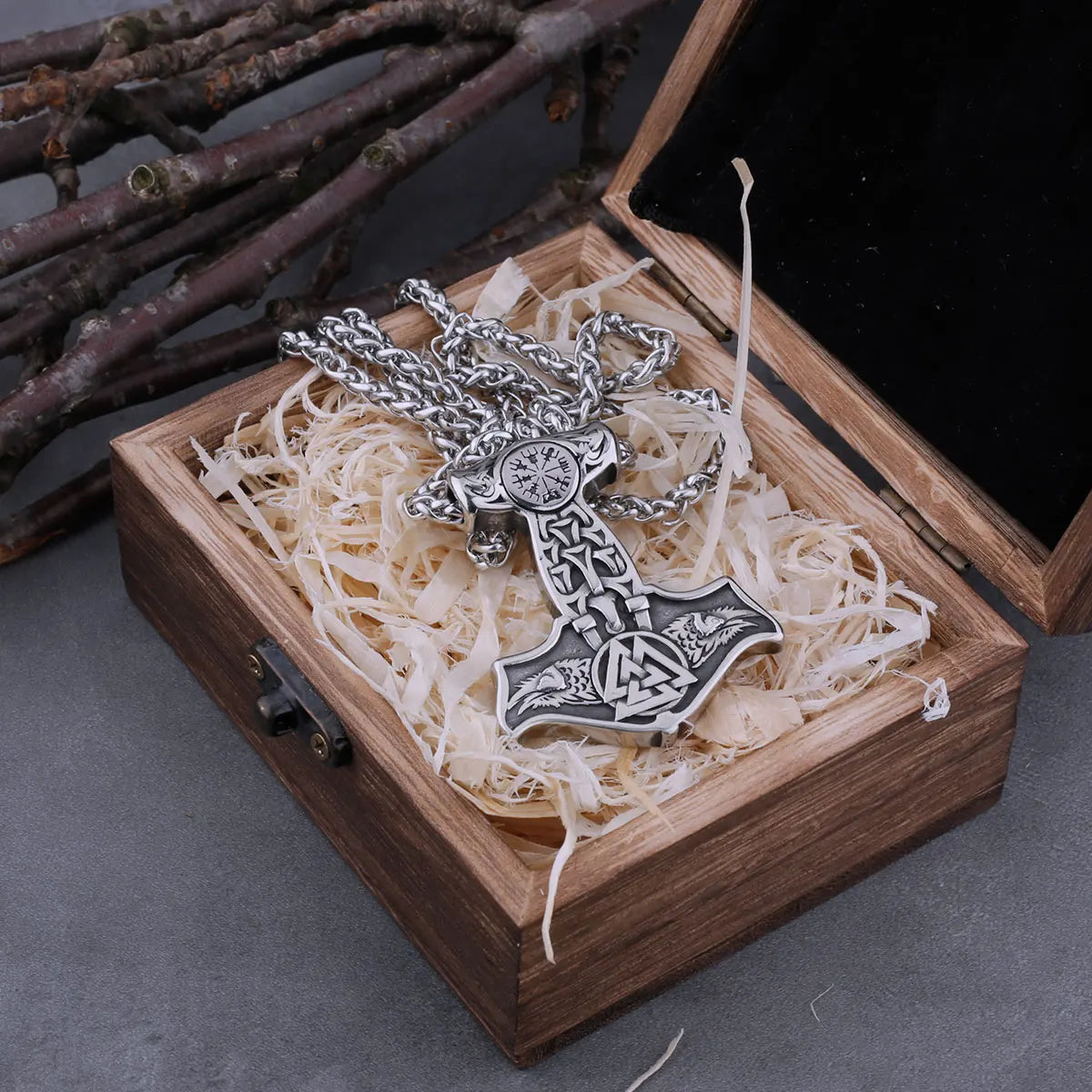 Stainless Steel Viking Thor's Hammer Mjolnir Wolf Head and Road Sign Compass Necklace Men's Norway Amulet Pendant Viking Jewelry