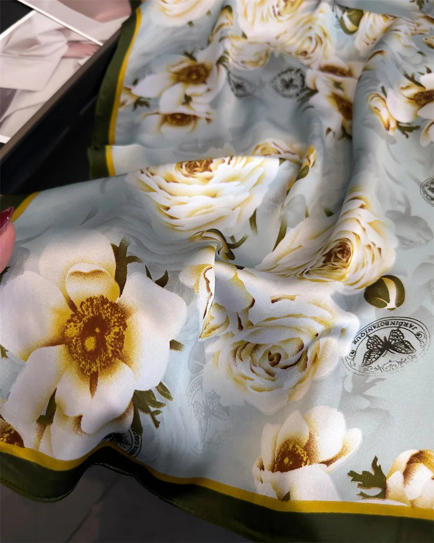 Imitated Silk Headcloth Fashion Flower Print Square Shawls Popular 70X70cm Bandanna Kerchief Sun Protection Silk Scarves Tie Bag