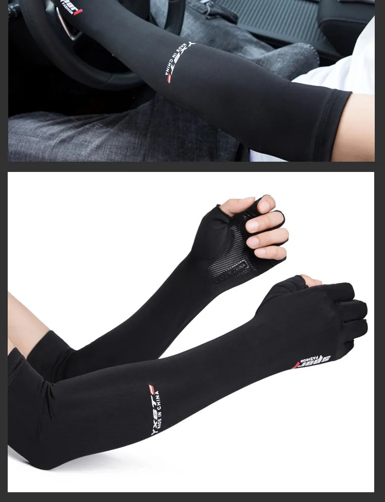 Ice Silk Sleeves Women Summer Sun Protection Men Fishing Cycling Breathable Two-Finger Non-Slip Gloves Arm Warmer Driving Sleeve