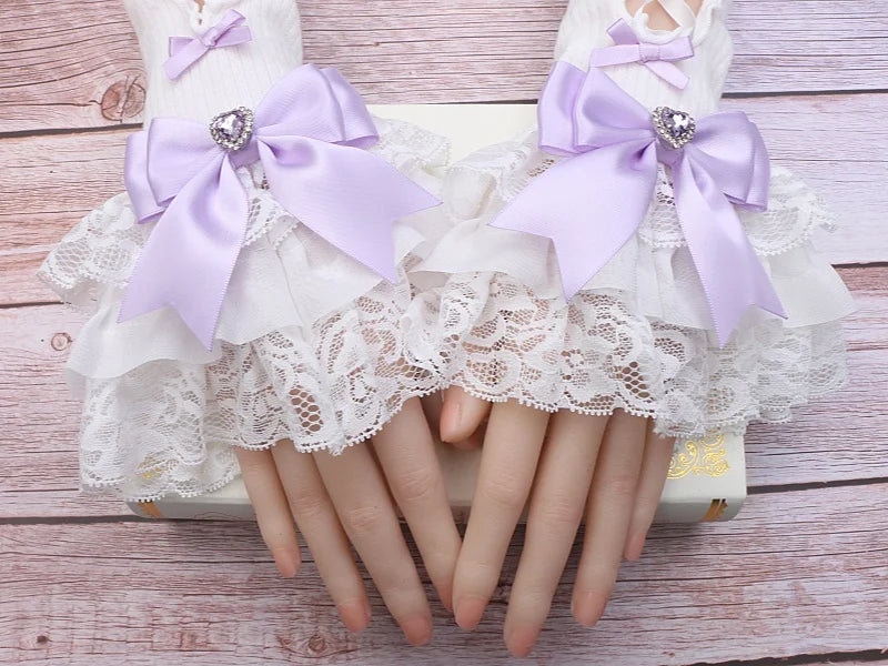 Handmade Sweet Women's Lolita Mine Lace Bow Rhinestone Oversleeves Girls Japanese Style Lace Sleeves Mittens