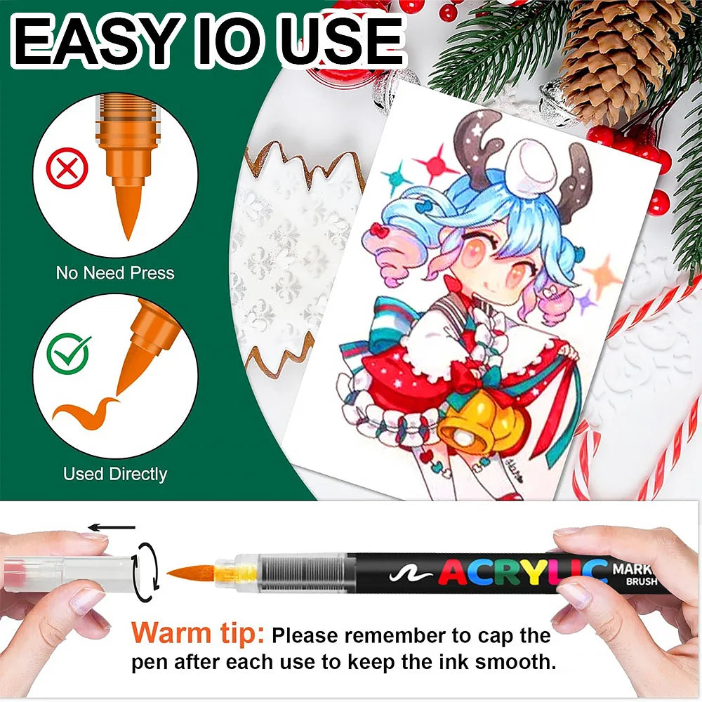 12-60 Colors Acrylic Paint Pen Marker Brush Tip Paint Marker For Rock Painting Wood Canvas Stone Christmas Gift DIY Craft