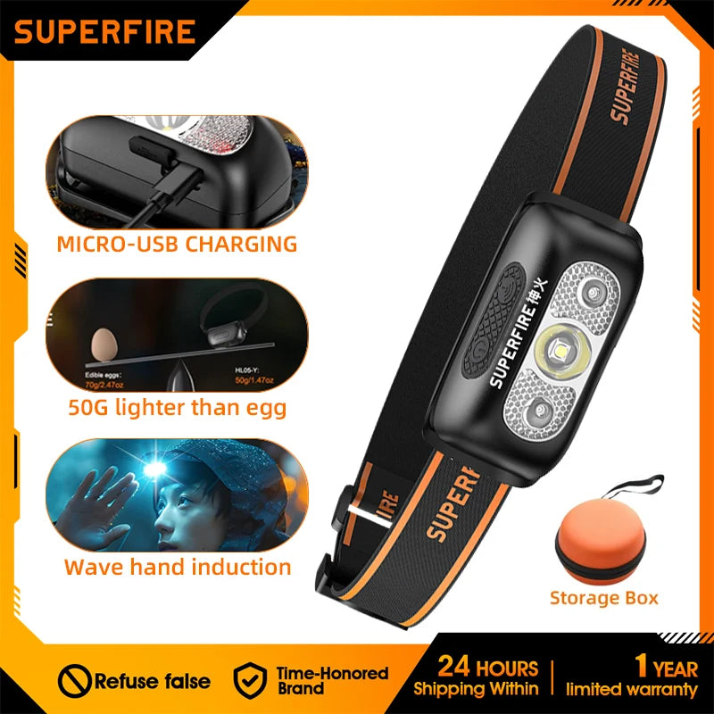 SUPERFIRE HL05-Y Rechargeable Powerful Sensor Headlamp USB High Power Headlight COB LED Waterproof Head Lamp Work Front Light