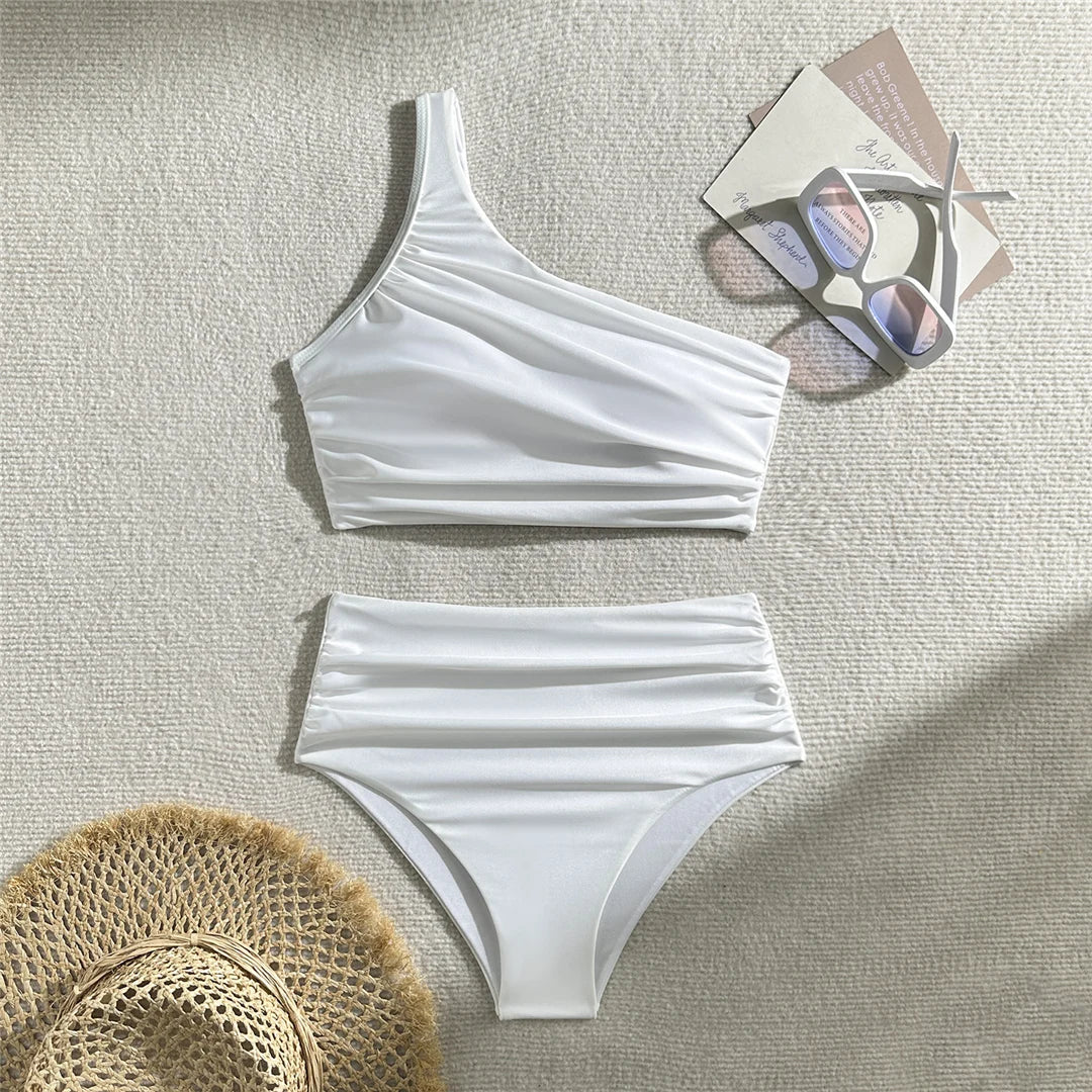 New Wrinkled One Shoulder High Waist Bikini Female Swimsuit Women Swimwear Two-pieces Bikini set Bather Bathing Suit Swim V5857