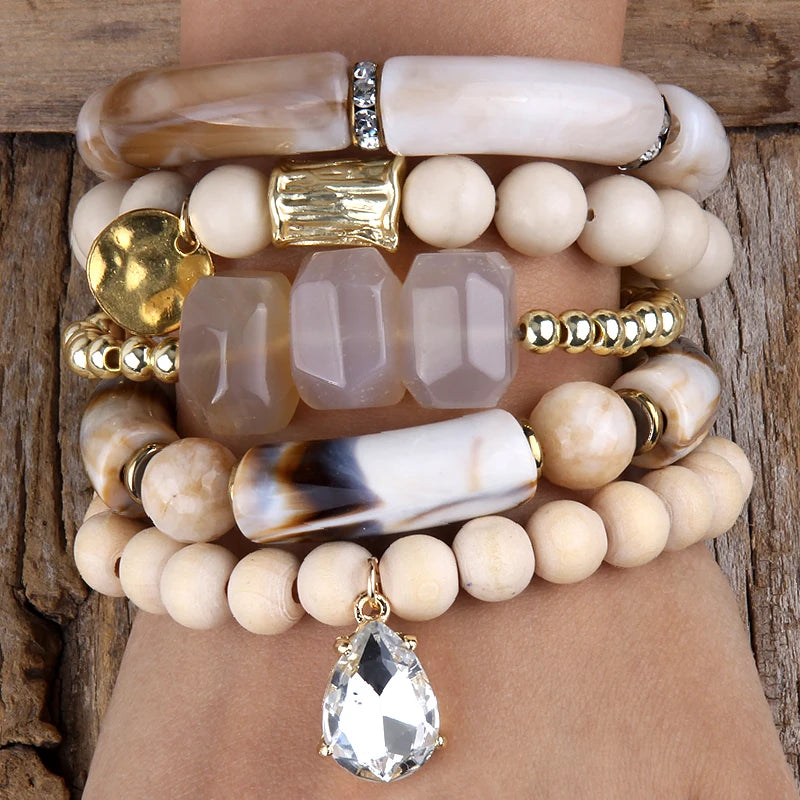 RH Fashion Bohemia Beaded Jewelry Big Acryl Pipe Wood Bracelets 5pc Stack Punk Stone Bracelets Set For Women Festival Gift