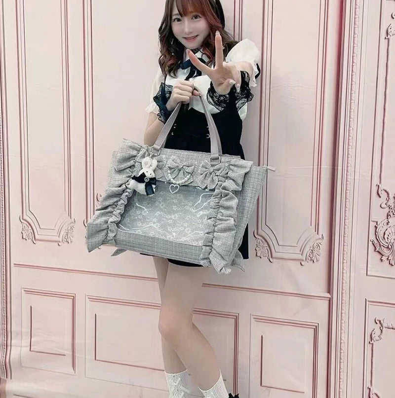 Japanese Style Mine Ita Bag Ruffled Lace Women Girls Rhienstone Pearl Bowknot Square Tote Shoulder Portable Bolso Handbags