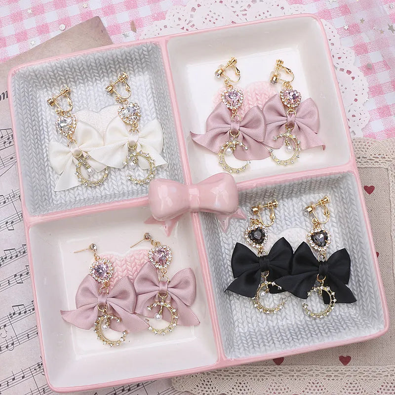 Lo Girl's Earrings Moon Rhinestone Pearl Heart Pendant Fashion Handmade Bow Jiraikei Kawaii Needle Ear Clip Earrings for Women