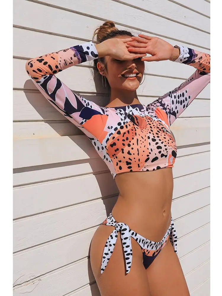 2023 Sexy Long Sleeve Bikinis Women Swimsuit Green Leaves Print Bathing Suits Beachwear Brazilian Bikini Set Biquini Female